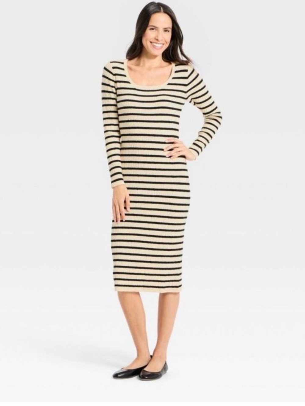 🖤 Universal Thread Cream and Black Striped Long-Sleeve Midi Dress 👗